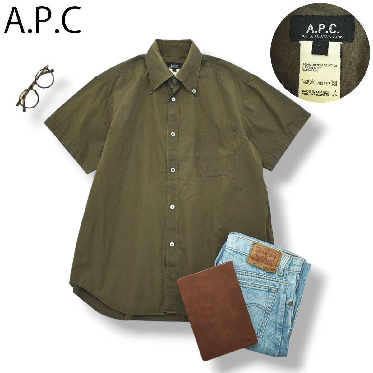 90sヴィンテージ フランス製 アーペーセー A.P.C 半袖 ボタンダウンシャツ BD フレンチミリタリー シャツ 1 カーキ トラッド ワーク カジュアル メンズ 男性用