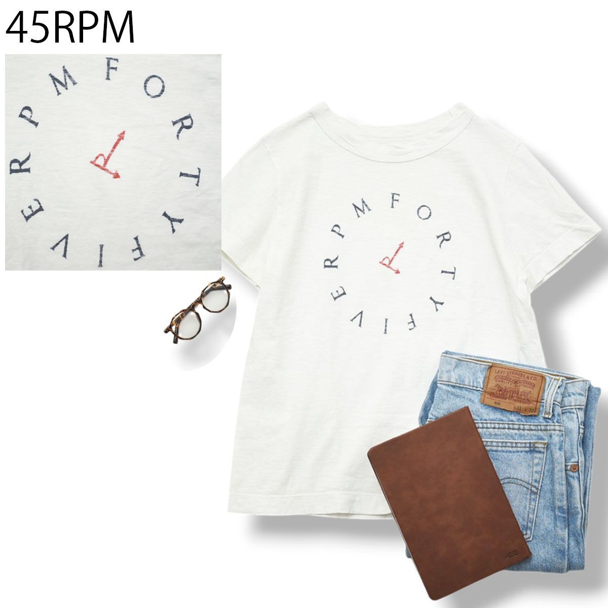 日本製 フォーティファイブアールピーエム 45RPM Tシャツ カットソー クルーネック コットン100％ 時計 ロゴ プリント 3 ホワイト アメカジ カジュアル レディース 女性用♪