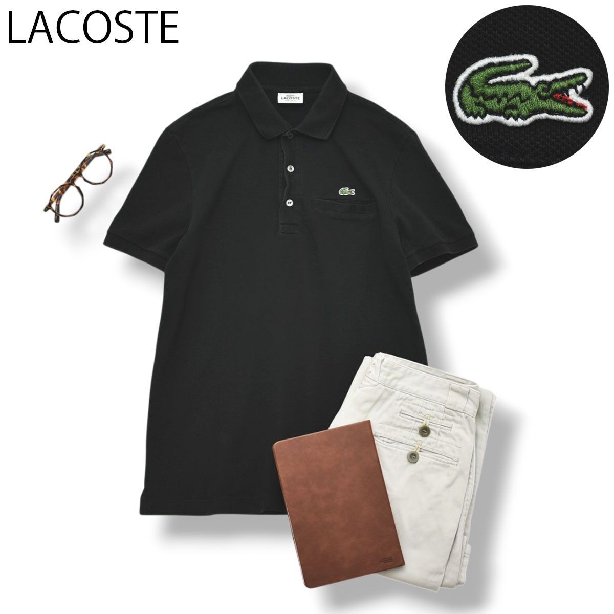 【定番】 ラコステ LACOSTE 鹿の子 ワニロゴ ポロシャツ ポケット付き 3 ブラック シンプル トラッド ビジカジ フレンチカジュアル メンズ 男性用