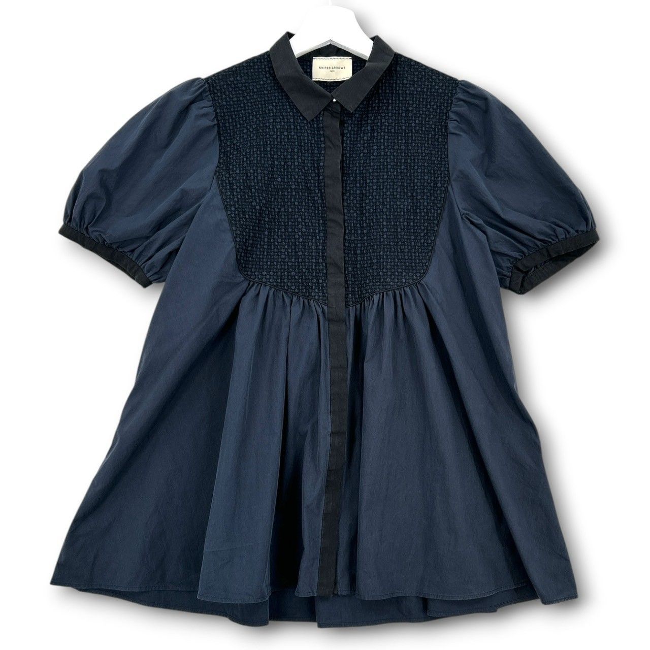 UNITED ARROWS ユナイテッドアローズ エンブロイダリーコンビショートスリーブブラウス シャツ ブラウス トップス ギャザー コットン ナイロン ネイビー ブラック 黒 紺 レディース 夏 ゴーゴー古着マルイ草加店 1 No.久2004