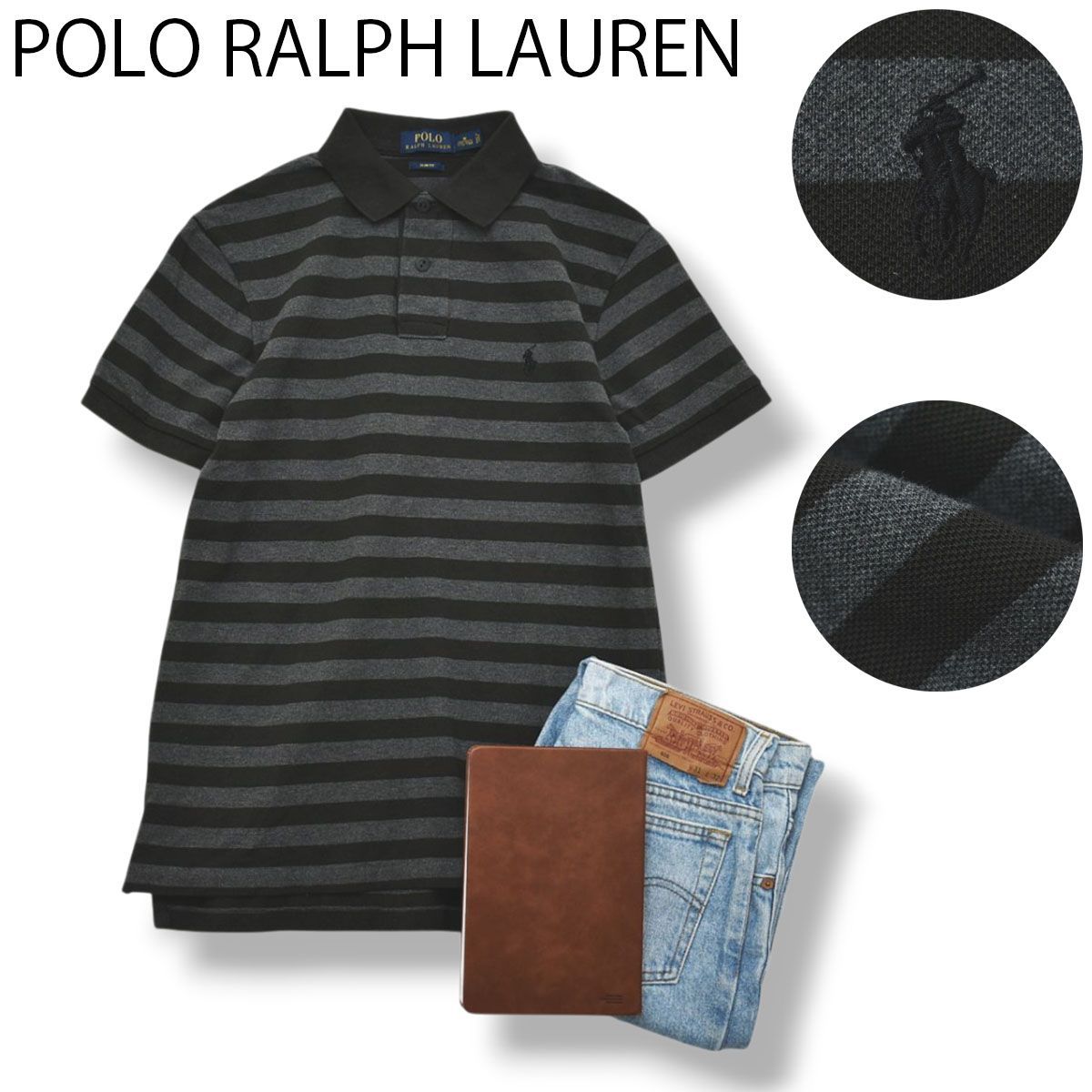 ポロ ラルフローレン POLO RALPH LAUREN スリムフィット SLIM FIT ボーダー ポロシャツ 鹿の子 刺繍ロゴ M 灰 x 茶 トラッド ビジカジ カジュアル スポーツ メンズ