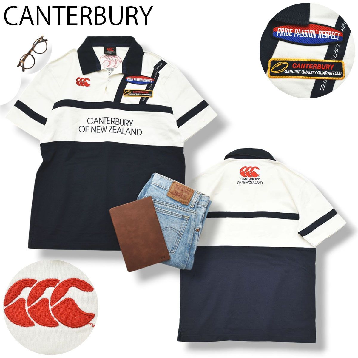 【ビックロゴ】 カンタベリー CANTERBURY 半袖 ラガーシャツ ポロシャツ XL ホワイト 白 x ネイビー 紺 スポーツミックス アメカジ ストリート カジュアル 刺繍 ワッペン メンズ