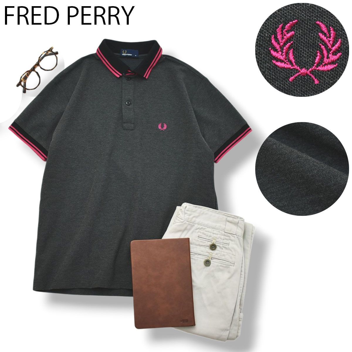 【人気】 日本製 フレッドペリー FRED PERRY 鹿の子 ポロシャツ 月桂樹 ロゴ刺繍 二本線 M グレー x ピンク トラッド ビジネス ゴルフ 普段使い メンズ 男性用