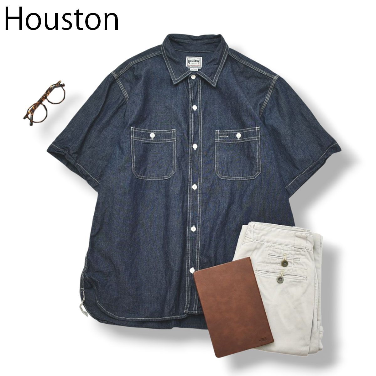 【定番】 ヒューストン Houston T13 USN COTTON S／S WORK SHIRT ワーク デニムシャツ XXL インディゴ アメカジ ストリート カジュアル メンズ