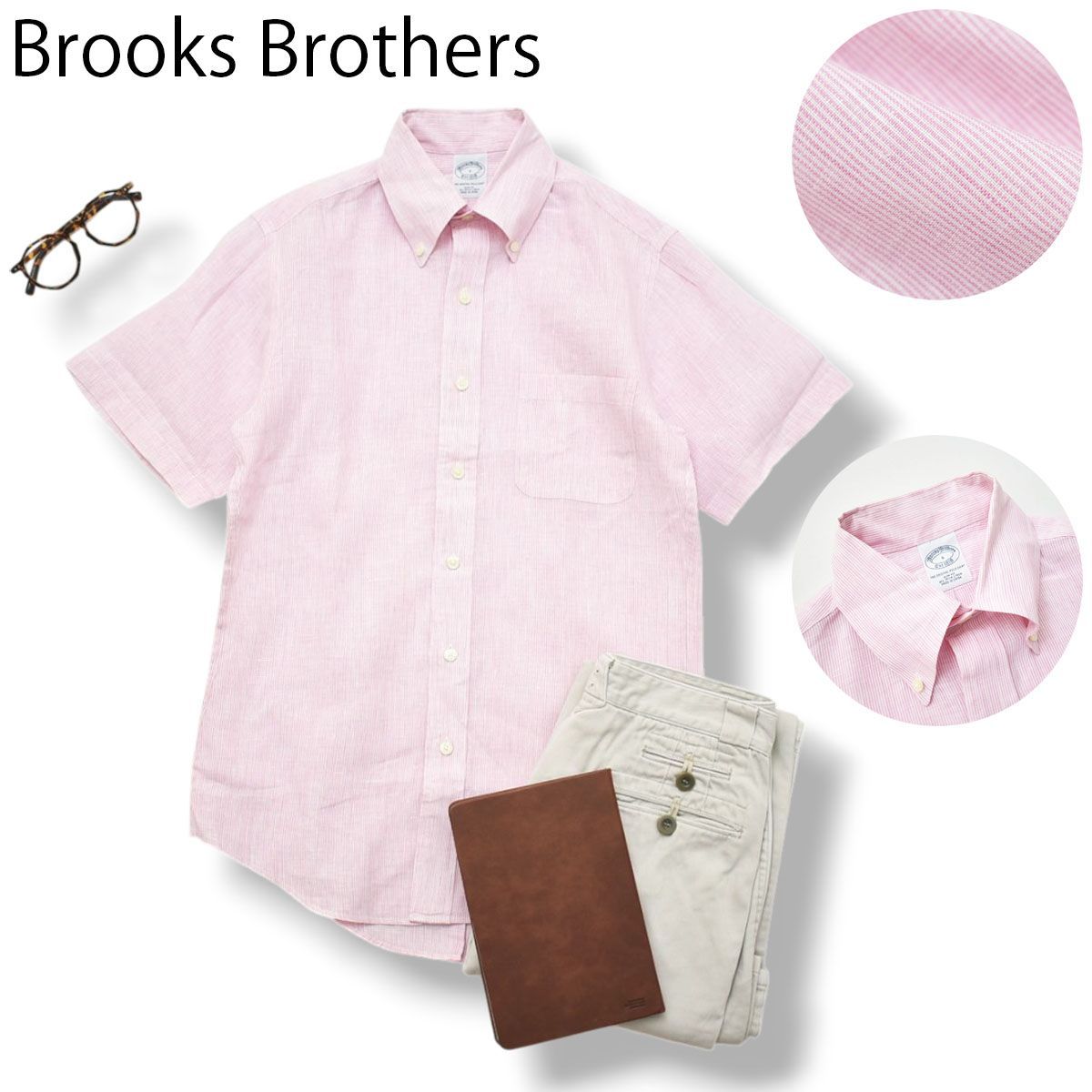 【上質】 ブルックスブラザーズ Brooks Brothers ストライプ アイリッシュ リネン ボタンダウンシャツ BD シャツ S ピンク x ホワイト トラッド ビジカジ メンズ 男性用