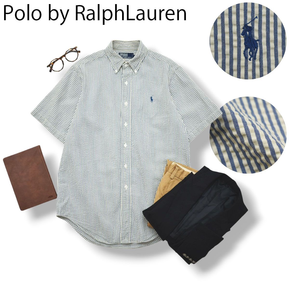 00sヴィンテージ ポロ バイ ラルフローレン Polo by RalphLauren 半袖 シアサッカー ボタンダウン BD シャツ M クリーム x ライトブルー 刺繍ロゴ トラッド メンズ