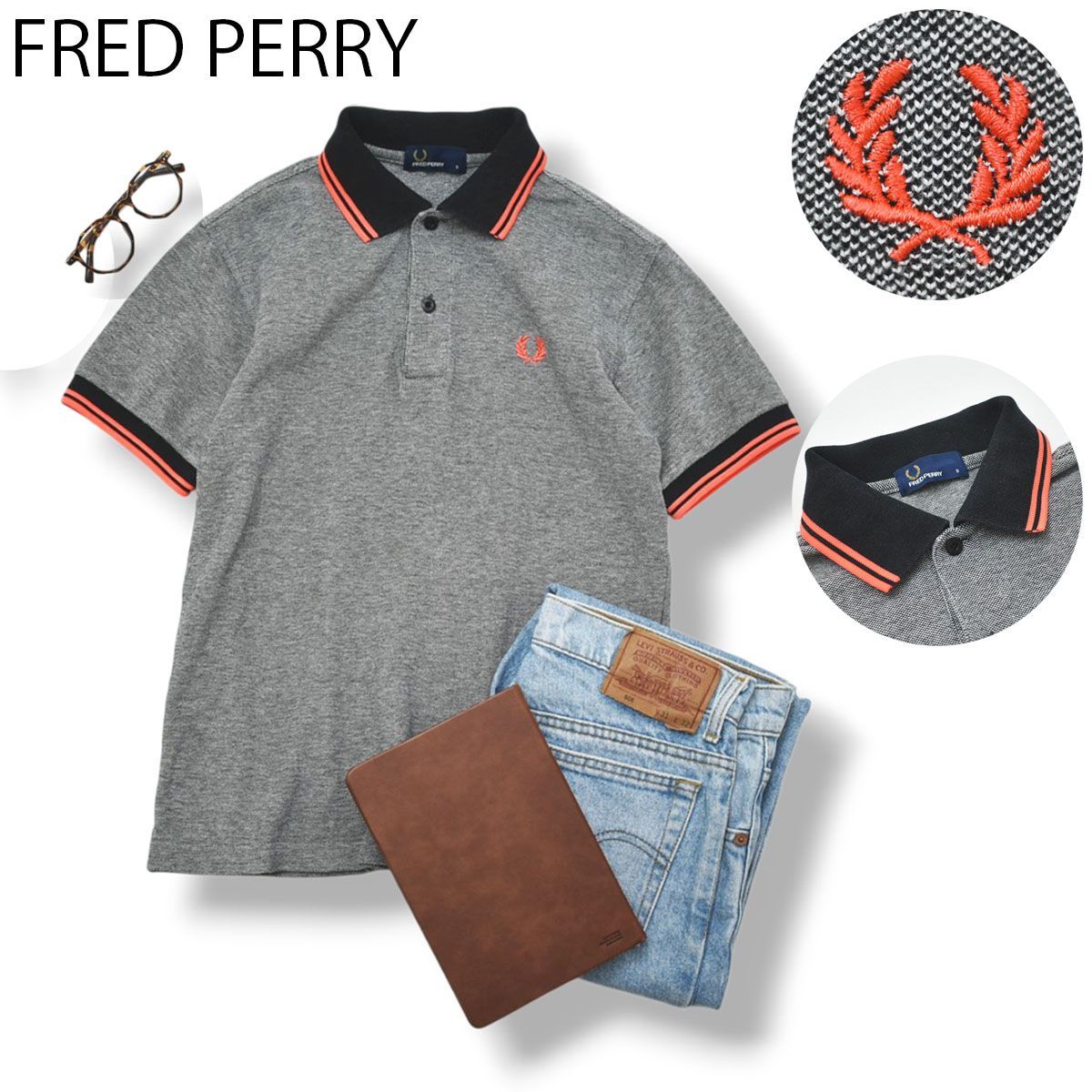 【人気】 フレッドペリー FRED PERRY 半袖 ポロシャツ 鹿の子 月桂樹 刺繍ロゴ 2本線 S グレー トラッド ビジカジ クールビズ カジュアル メンズ 男性用