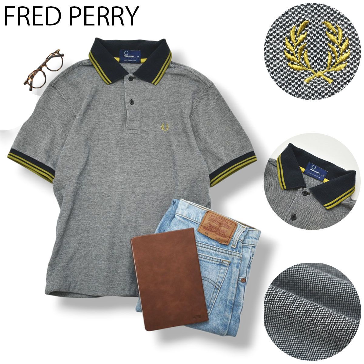 【定番】 フレッドペリー FRED PERRY M8282 ポロシャツ 鹿の子 月桂樹 刺繍ロゴ 二本線 XS グレー トラッド ビジカジ クールビズ カジュアル ゴルフ メンズ 男性用