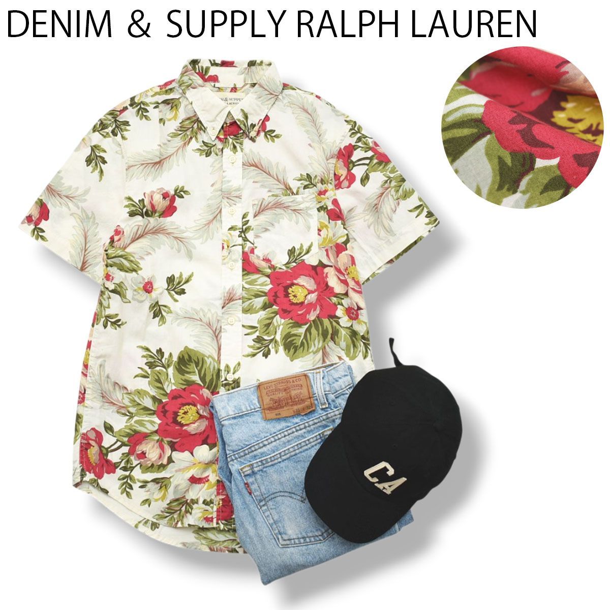 デニムアンドサプライ DENIM ＆ SUPPLY RALPH LAUREN 半袖 シャツ アロハシャツ カットソー XS 花柄 クリーム 白 x レッド 赤 x グリーン 緑 メンズ