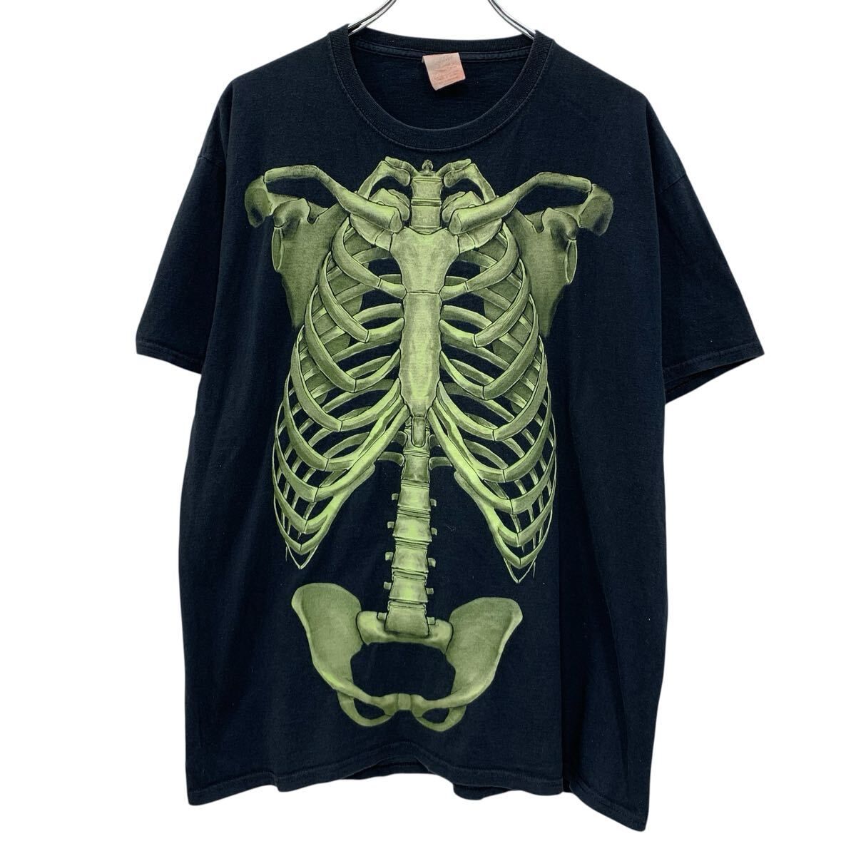 00s HAPPY HALLOWEEN 半袖 プリントTシャツ XL ブラック プルオーバー 00年代 骨 ガイコツ だまし絵 アートT スケルトン 夏物 a805-6689