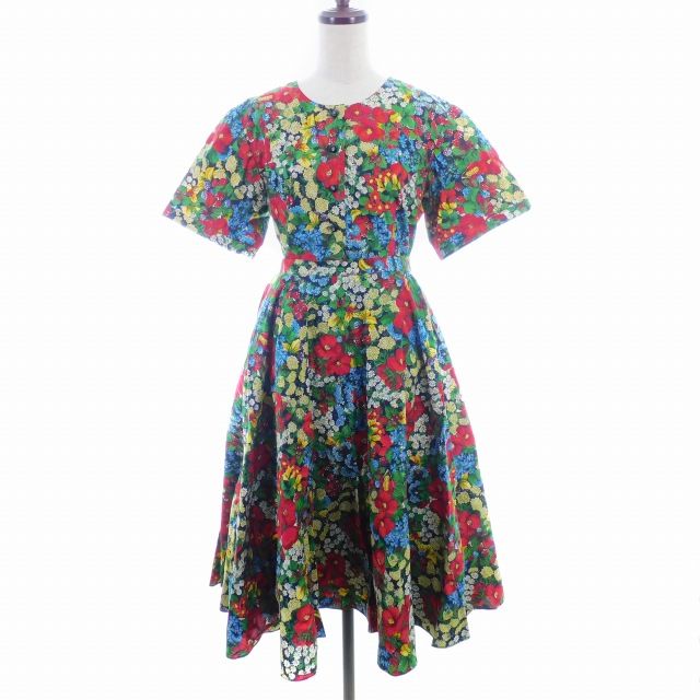 ハナエモリ HANAE MORI PAPIS セットアップ 上下 ブラウス 半袖 スカート フレア ミモレ丈 花柄 38 赤 緑 レッド グリーン トップス ボトムス /AZ