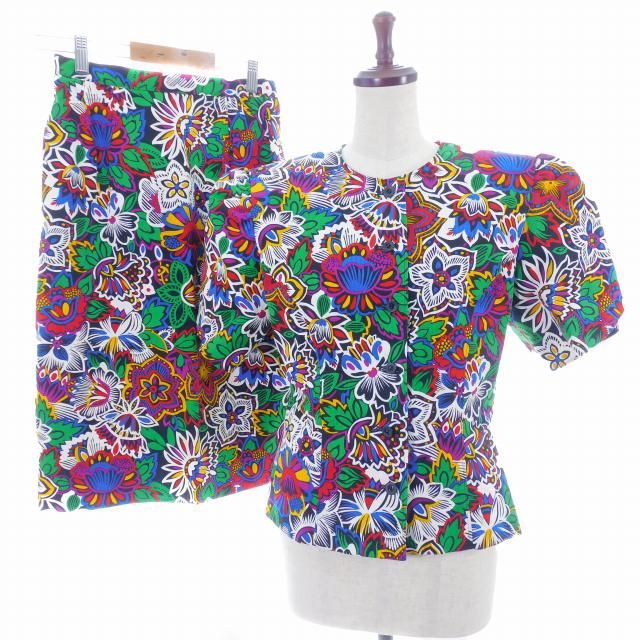 ハナエモリ HANAE MORI Boutique セットアップ 上下 ジャケット ノーカラー 半袖 スカート タイト ひざ丈 総柄 9A3 緑 グリーン アウター ボトムス /AZ