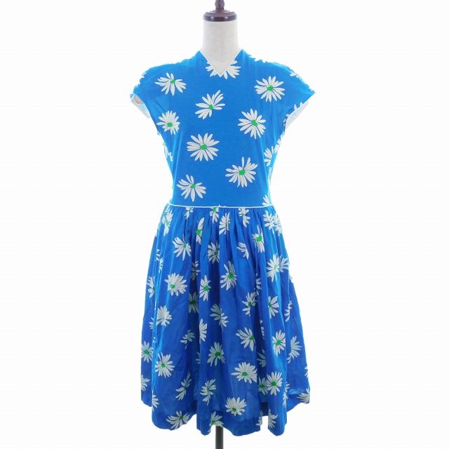 ハナエモリ HANAE MORI PAPIS ワンピース ミモレ丈 半袖 フレンチスリーブ Vネック バックファスナー コットン 花柄 9A3 青 白 ブルー ホワイト /AZ