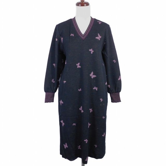 ハナエモリ HANAE MORI Knit ニット ワンピース ミモレ丈 長袖 Vネック