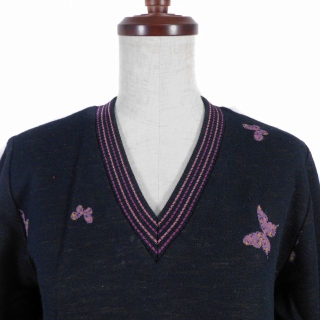 ハナエモリ HANAE MORI Knit ニット ワンピース ミモレ丈 長袖 Vネック