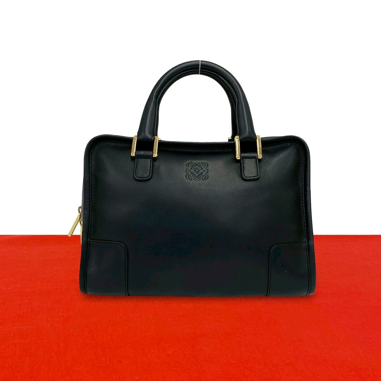 ほぼ未使用品 袋付 LOEWE ロエベ ヴィンテージ アマソナ28 アナグラム ロゴ レザー 本革 ハンドバッグ ミニ ボストンバッグ ブラック 48980