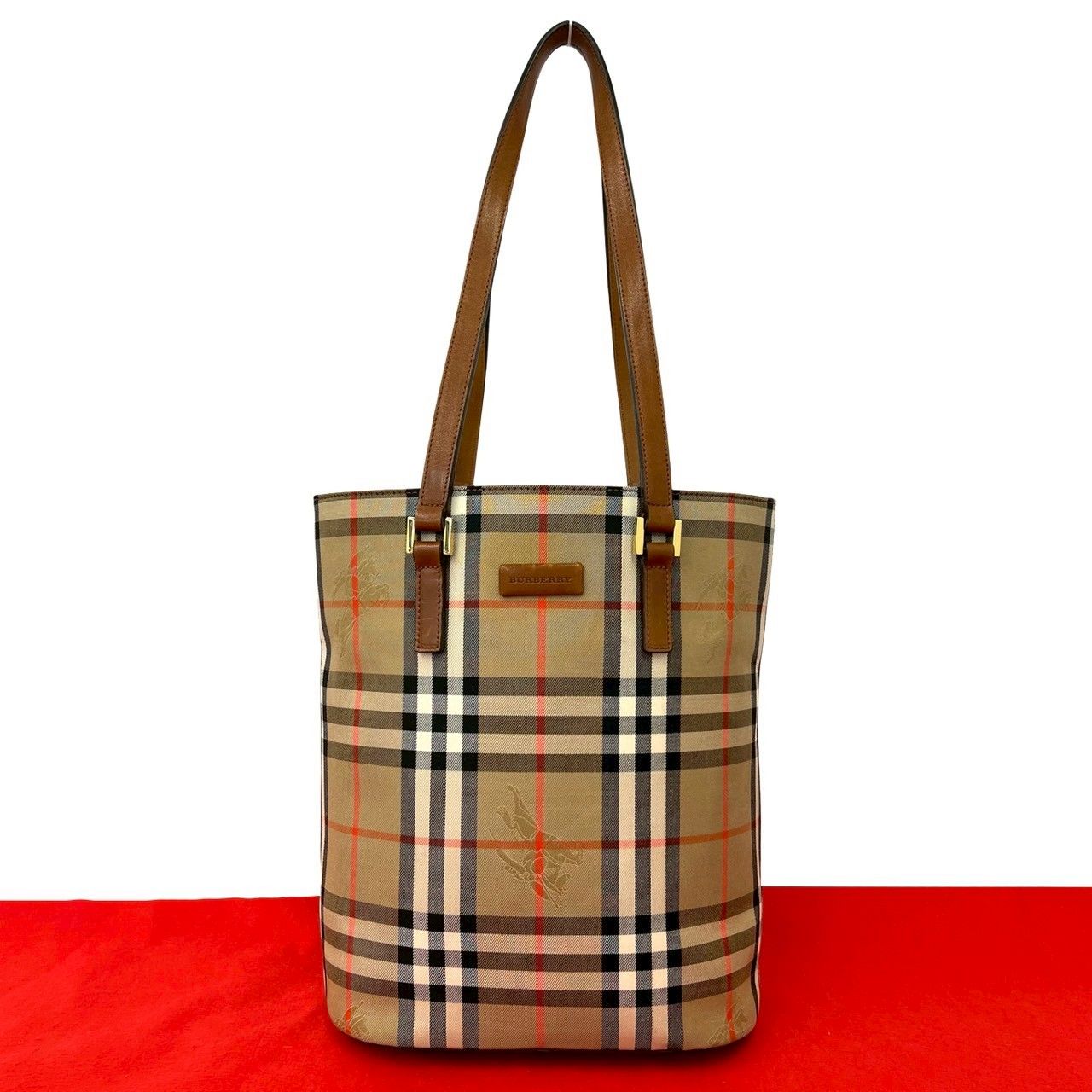 極 美品 BURBERRY バーバリー ノバチェック シャドーホース 柄 ロゴ キャンバス レザー 本革 トートバッグ ベージュ ブラウン 44995