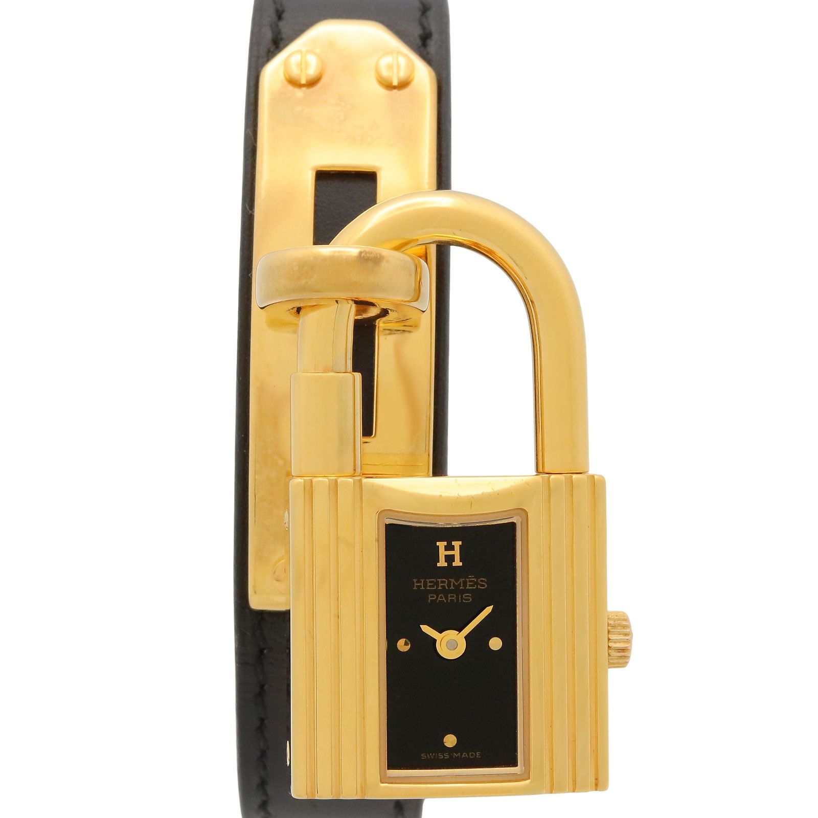 エルメス HERMES 腕時計 ケリーウォッチ KE1.201 ブラック GP(ゴールドメッキ) レザーベルト ケリーウォッチ レディース Used A