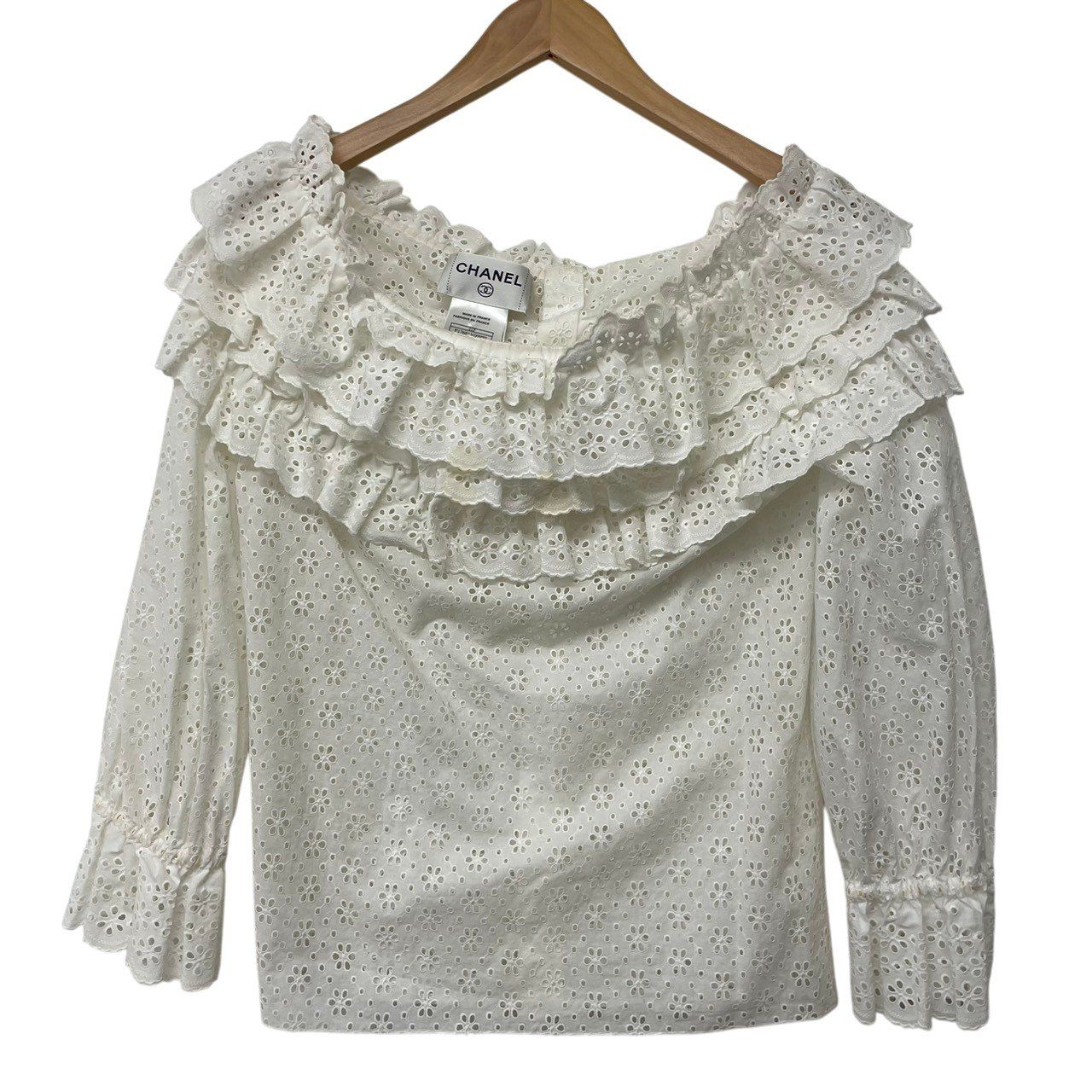 CHANEL ブラウス 稀少 パーティー レース シースルー アイボリー 36 CHANEL/シャネル/01P/レースブラウス/パンチング/オフショルダー/36
