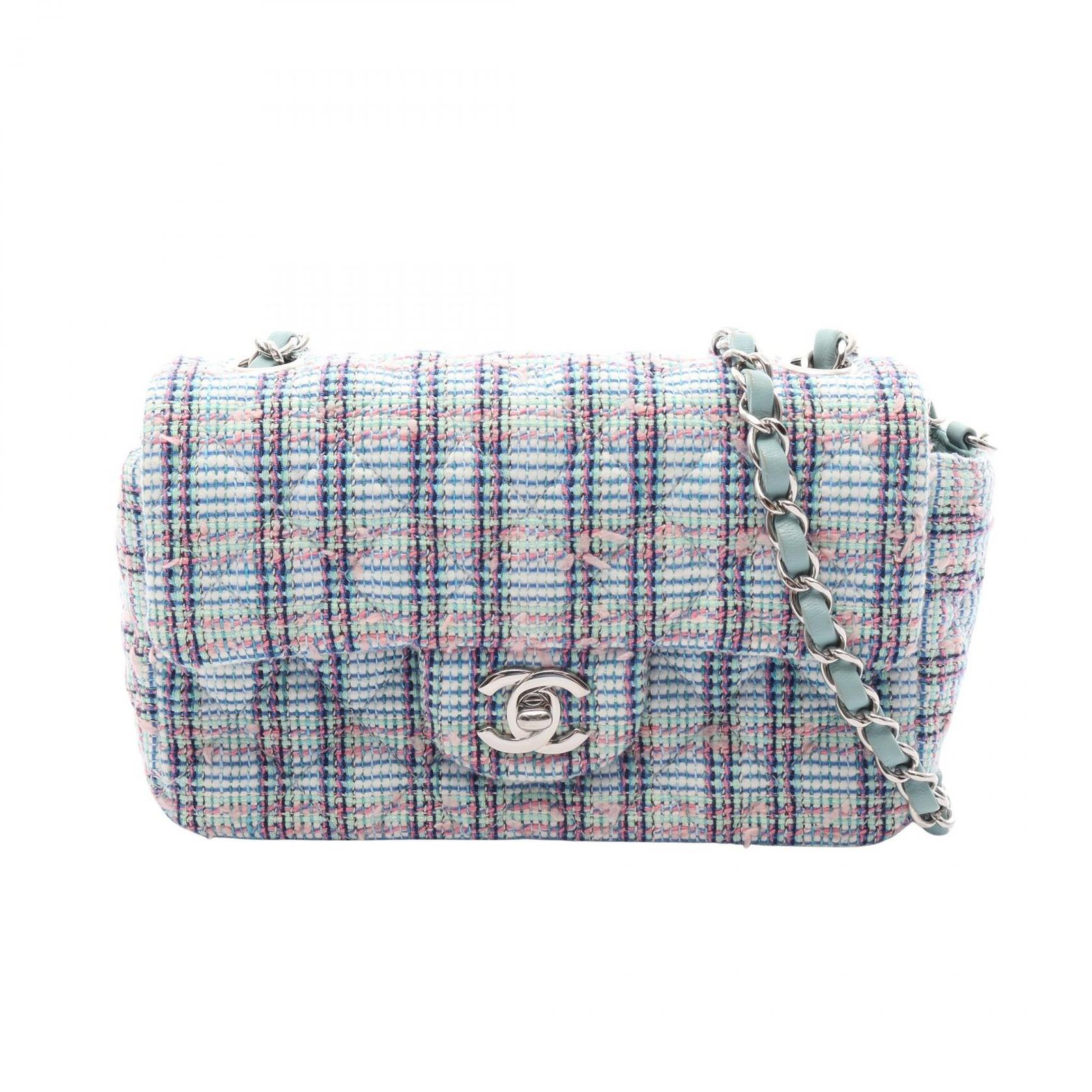 シャネル CHANEL ショルダーバッグ ミニマトラッセ20 ミントグリーン/ブルー ファブリック ミニマトラッセ チェーンショルダー レディース Used A