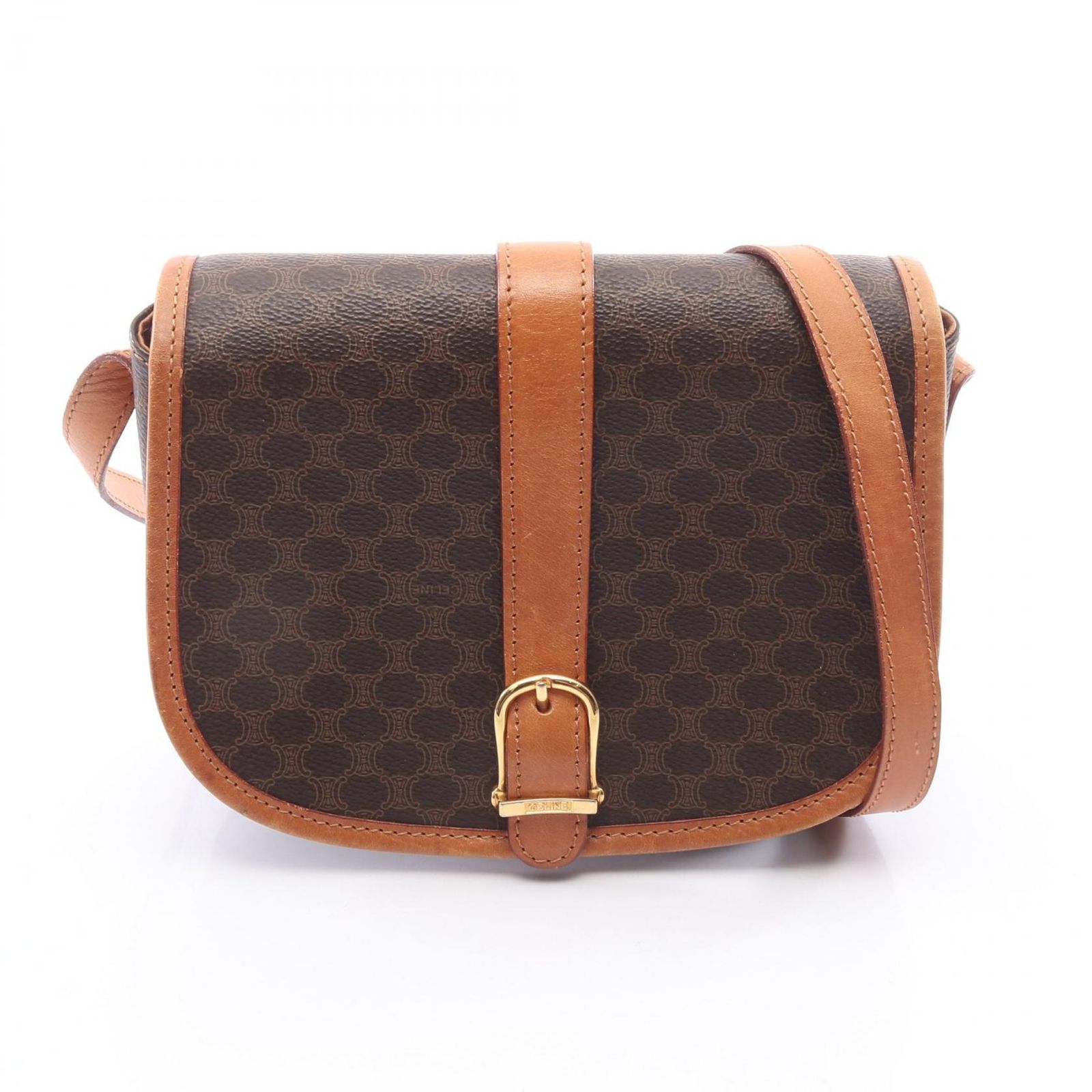 セリーヌ CELINE ショルダーバッグ マカダム ダークブラウン PVCコーティングキャンバス レザー マカダム ショルダーバッグ レディース Used B