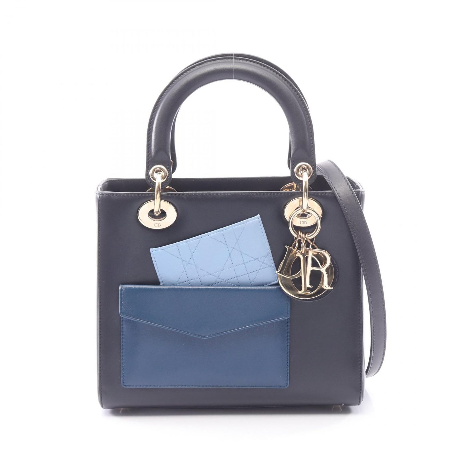 ディオール Dior ハンドバッグ LADY DIOR レディディオール 2WAY ネイビー/ブルー レザー レディディオール 2way ハンドバッグ ミディアム レディース Used A