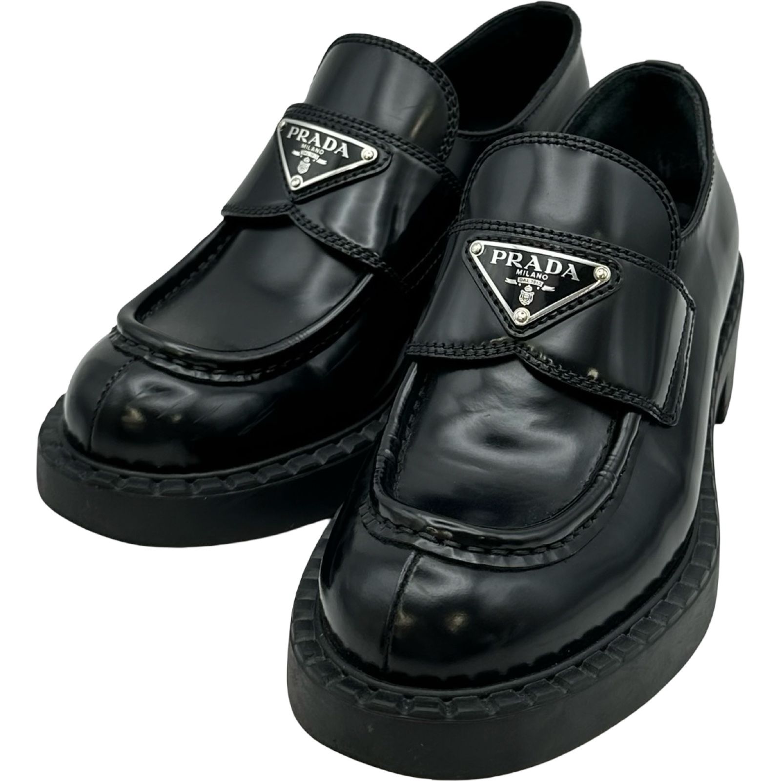 プラダ PRADA チョコレートブラッシュドレザーローファー 2DE127 ブラック レザー レディース ローファー