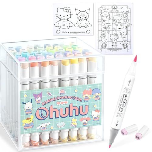 サンリオキャラクターズ × Ohuhu イラストマーカー 筆・細字 48色 パステルカラー 薄色 プロ愛用 マーカーペン アルコール系 ブレンダーペン1本付き Honolulu Bシリーズｍａ
