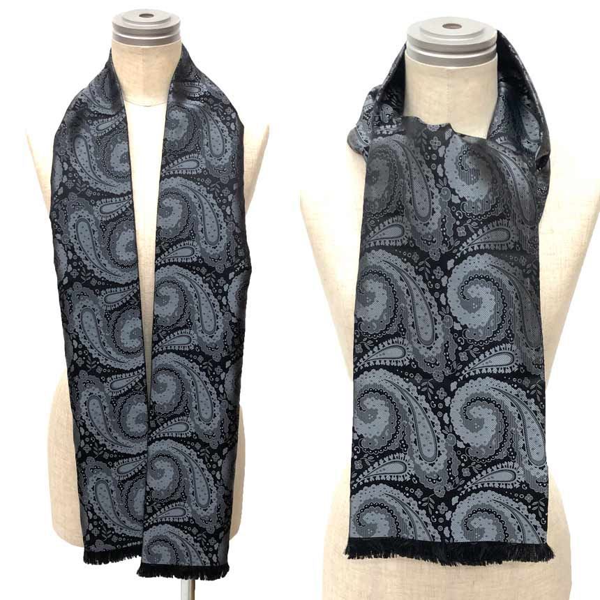 GUCCI グッチ シルク ストール ロングスカーフ ペイズリー グレー メンズ 美品 aq12960