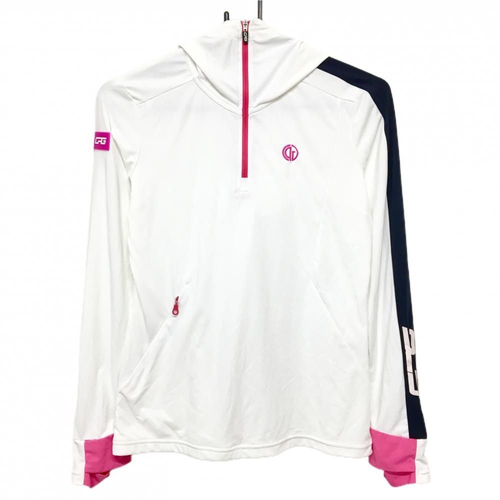 【超美品】CPG フード付き長袖Tシャツ 白×ピンク ハーフジップ 袖シリコンワッペン レディース M ゴルフウェア CPG