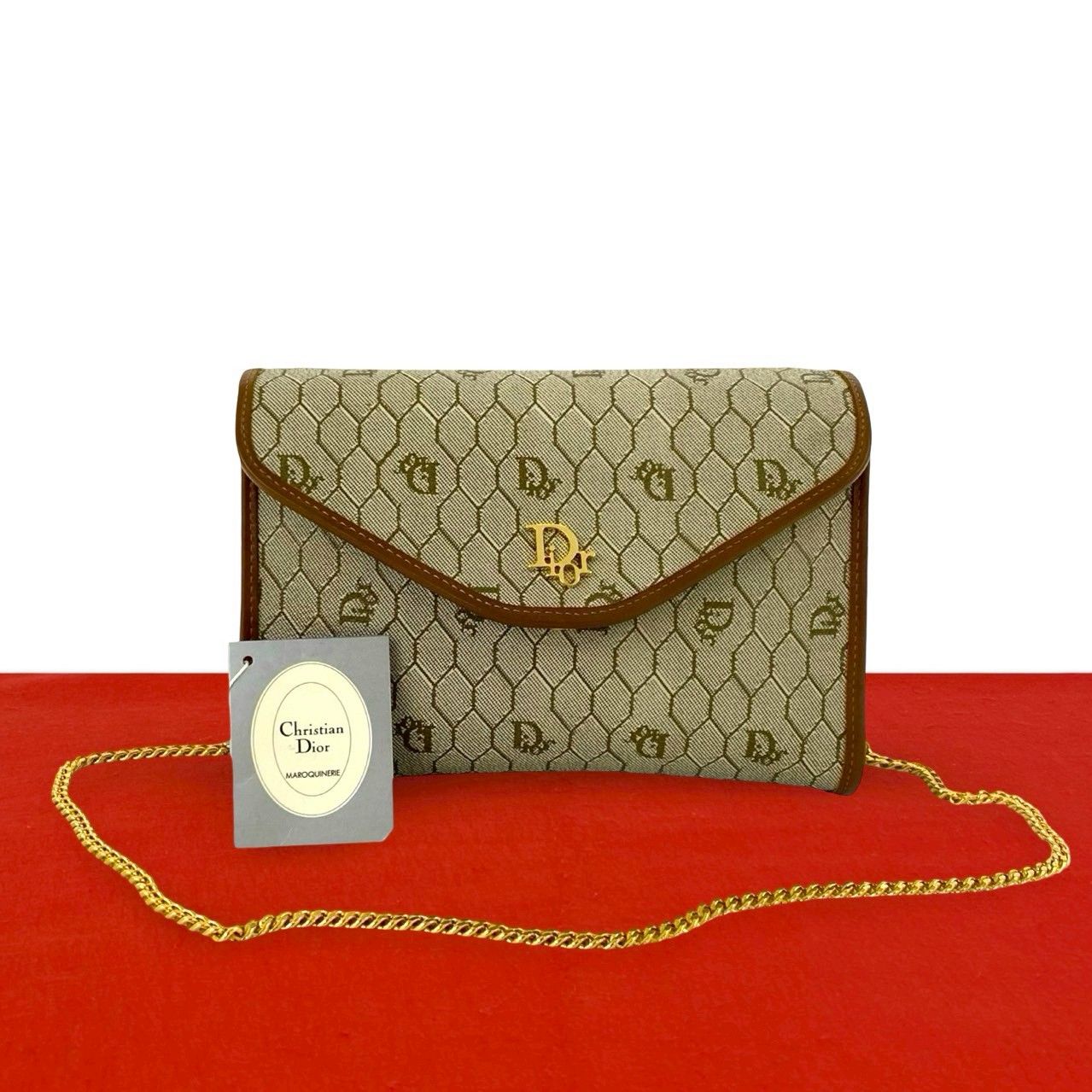 未使用保管品 Christian Dior ディオール ヴィンテージ ロゴ 金具 ハニカム 柄 レザー チェーン ミニ ショルダーバッグ ベージュ 55992 44,820円