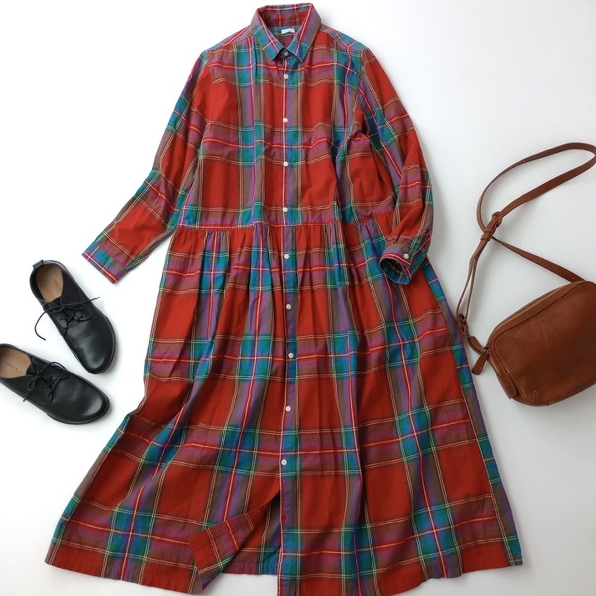 ichi イチ Cotton INDIGO Tartan Shirt Dress コットン インディゴ タータンチェック ロング シャツワンピース ドレス /26A