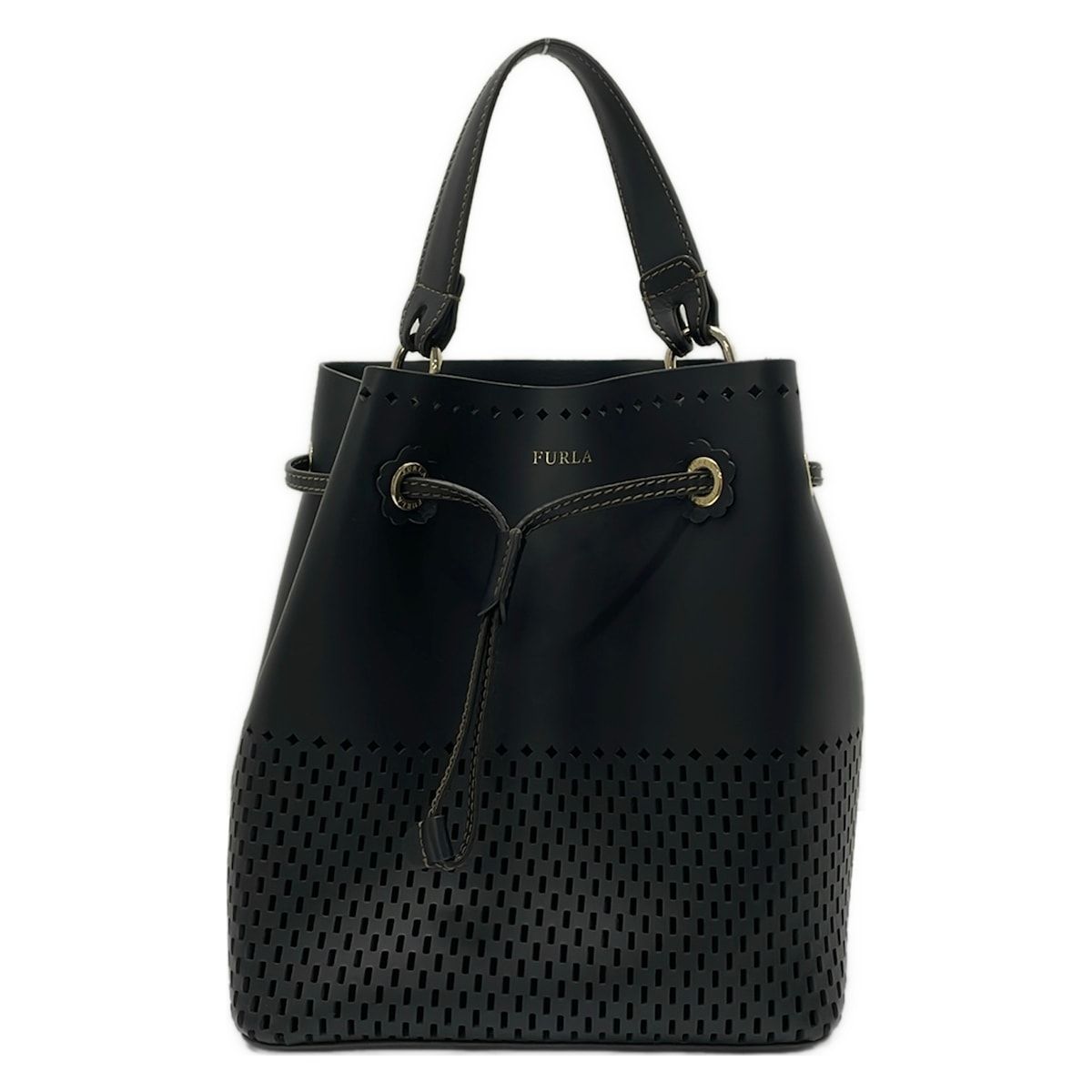 FURLA(フルラ) ハンドバッグ ステイシー 黒 パンチング/巾着型 レザー 