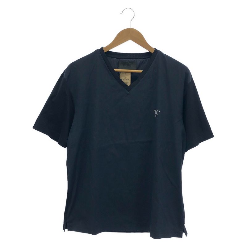 【中古】PRADA Vネック コットンポプリン 半袖Tシャツ XLサイズ ブラック UJM804 S221 1NXJ[66][240066190624] 中古】PRADA Vネック コットンポプリン 半袖Tシャツ XLサイズ ブラック