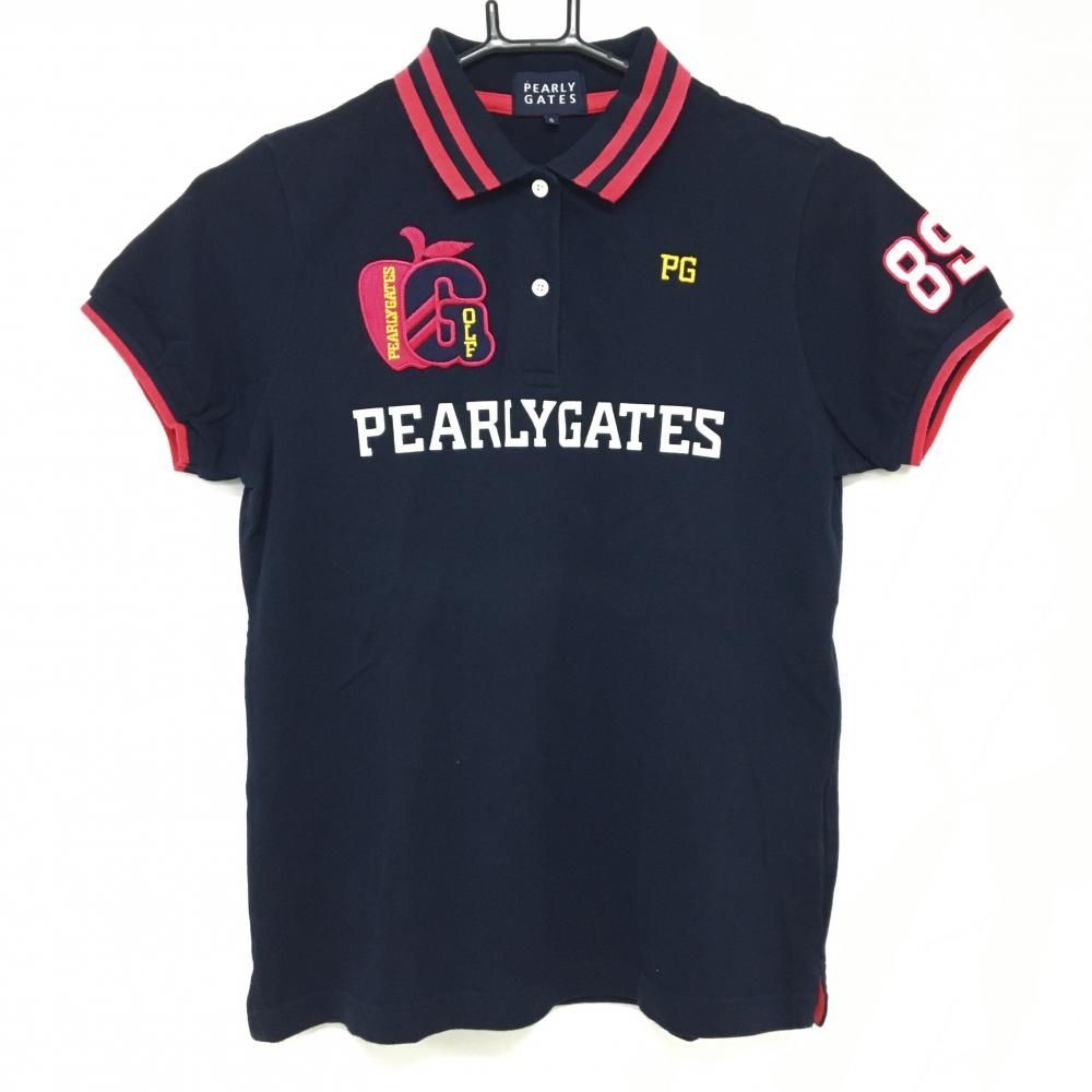 PEARLY GATES ポロシャツレッド・ショートパンツネイビーのセット パーリーゲイツ 半袖ポロシャツ ネイビー×レッド アップル刺しゅう