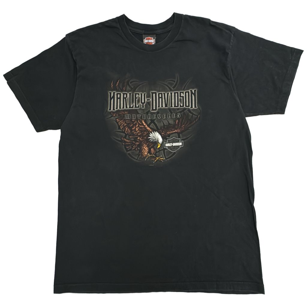 00年代 HARLEY DAVIDSON ハーレーダビッドソン イーグル 半袖Ｔシャツ モーターサイクル ブラック(メンズ XL相当)中古 古着 Y2033