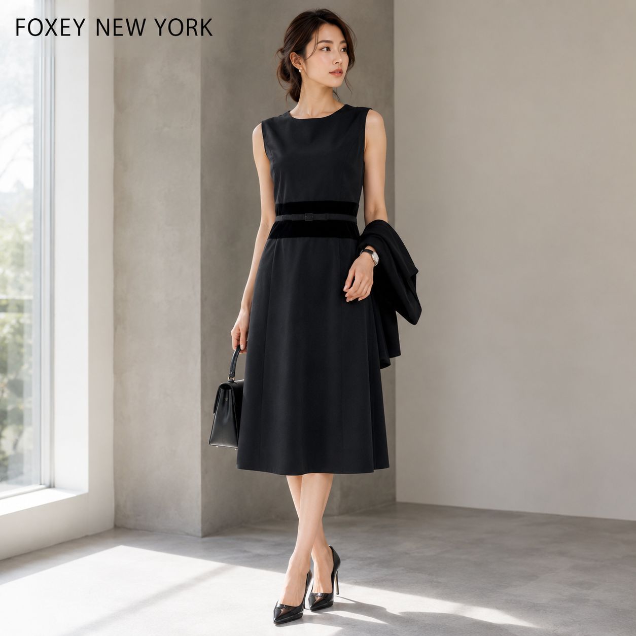 新品タグ付◆フォクシー ベロア シフォン プリーツ 切替 ドレス◇ブラック 40 美品】【クリーニング済】FOXEY NEW YORK /フォクシーニューヨーク ク