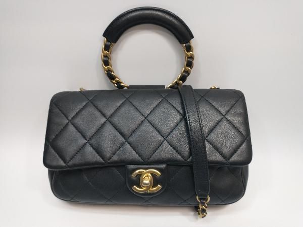 CHANEL シャネル マトラッセ トップハンドル ショルダーバッグ レザー ブラック ゴールド金具 黒 革 2WAY