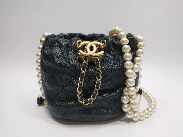 CHANEL シャネル ミニバケットバック パールチェーン ラムスキン ショルダーバッグ マトラッセ ゴールド金具 ブラック