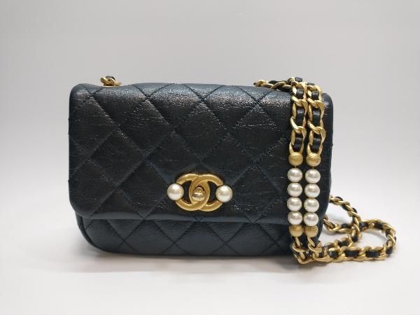CHANEL シャネル ミニマトラッセ シングルフラップ チェーンショルダーバッグ フェイクパール AS3000 ブラック レザー ゴールド金具
