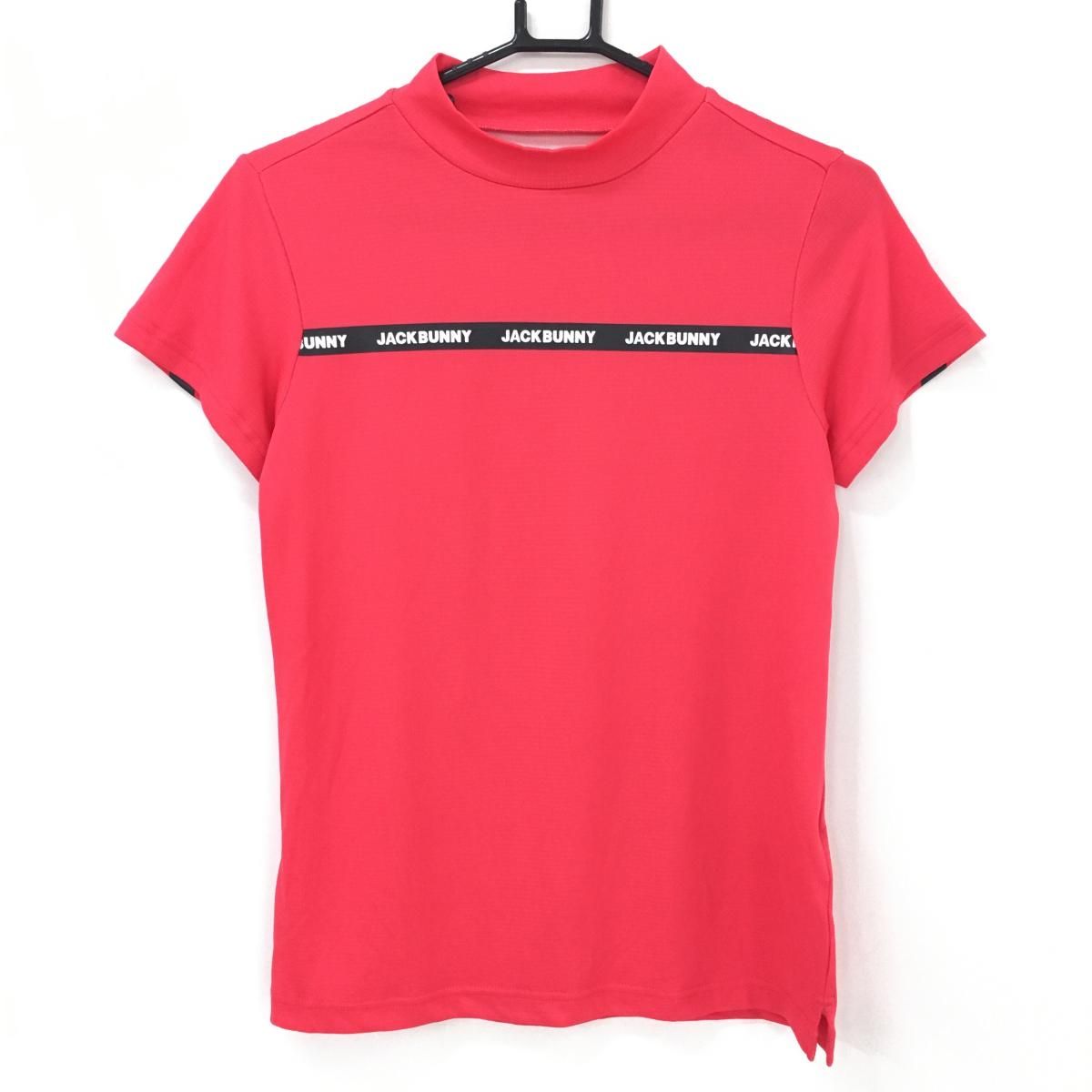 【超美品】ジャックバニー 半袖ハイネックシャツ レッド ロゴライン 速乾 軽量 レディース 1(M) ゴルフウェア 2023年モデル Jack Bunny
