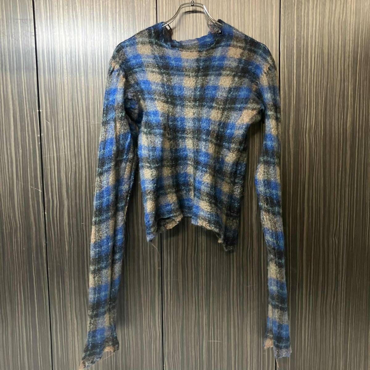 94AW JUNYA WATANABE 長袖ニット 縮絨チェックニット ブルー JB-040170 ジュンヤワタナベ