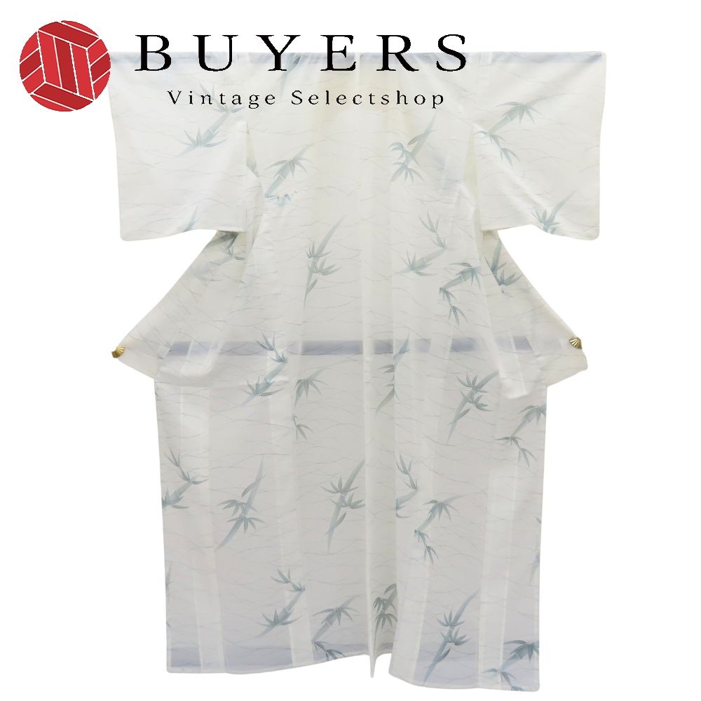 【中古】 小紋 夏物 化学繊維 ホワイト くすみグリーン 絽 竹 お洒落 和装 呉服 和服 きもの レディース 女性