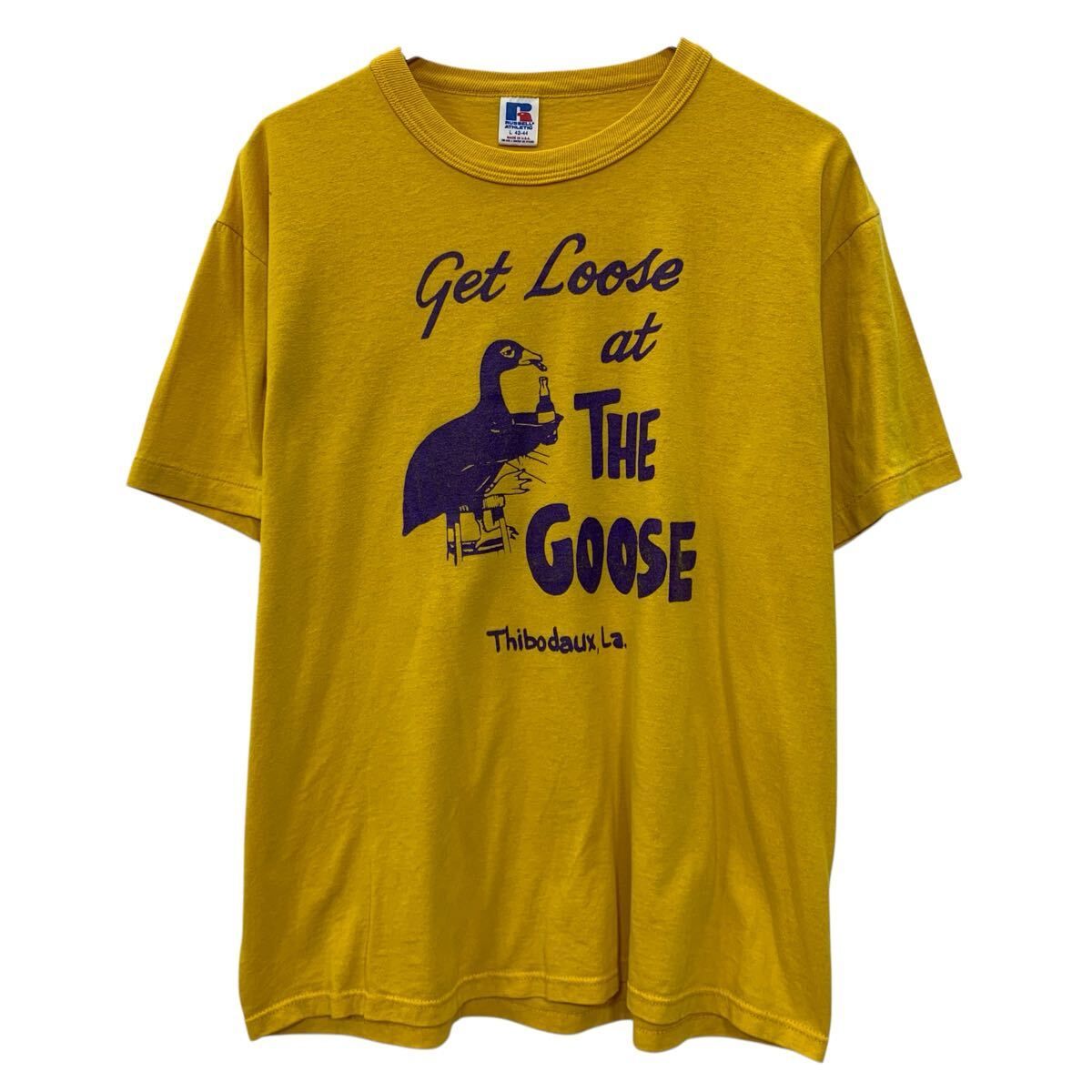 80s USA製 RUSSELL ATHLETIC 半袖 プリントTシャツ L イエロー ラッセルアスレティック プルオーバー 80年代 カットソー 夏物 a805-6789