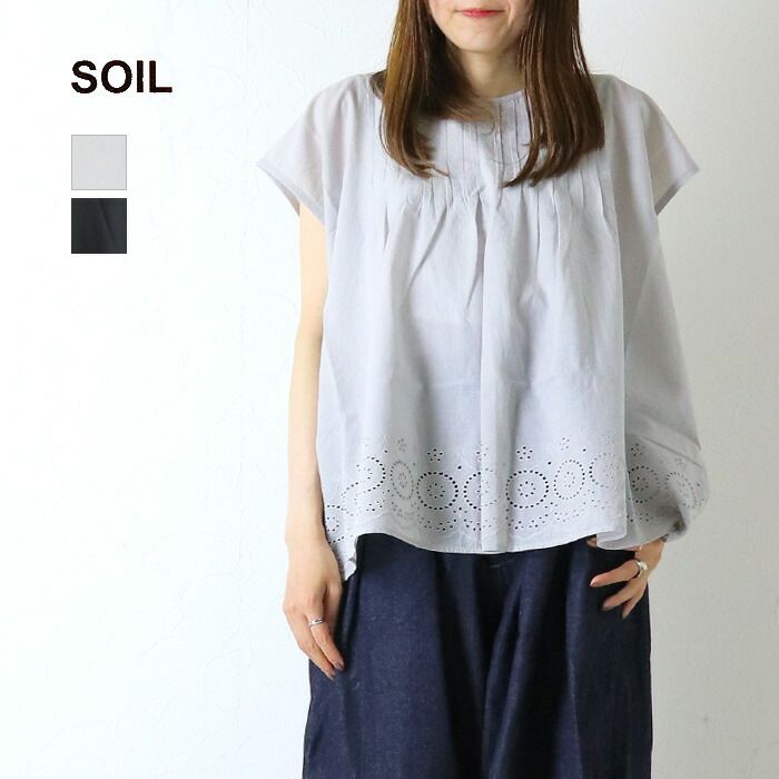 ソイル SOIL ボイル無地カットワークレースクルーネックフレンチスリーブピンタックシャツ INSL26342 コットン ブラウス 半袖 レディース 2026春夏