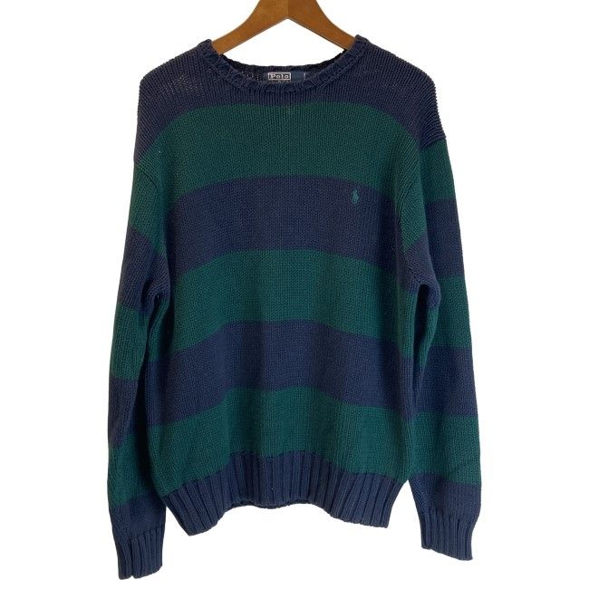 【中古】　POLO by RALPH LAUREN　セーター　長袖　ニット　トップス　クルーネック　ボーダー　ワンポイント　スモールポニー　刺しゅう　古着　/0126