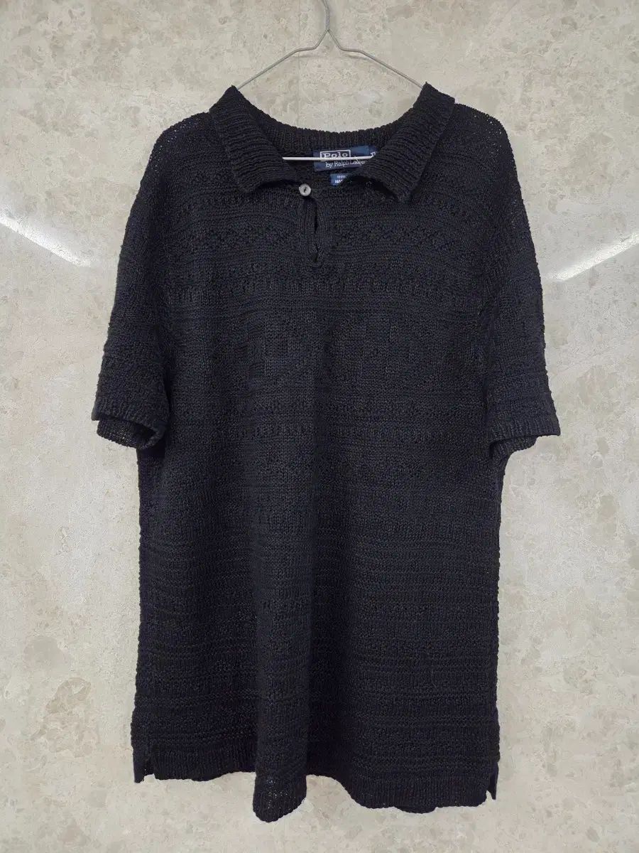 ポロ リネン100 ニット ブラック XL