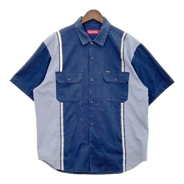 Supreme シュプリーム リフレクティブストライプエスエス ワークシャツ 半袖 ストリート 25SS メンズ Mサイズ ネイビー トップス DM19207■
