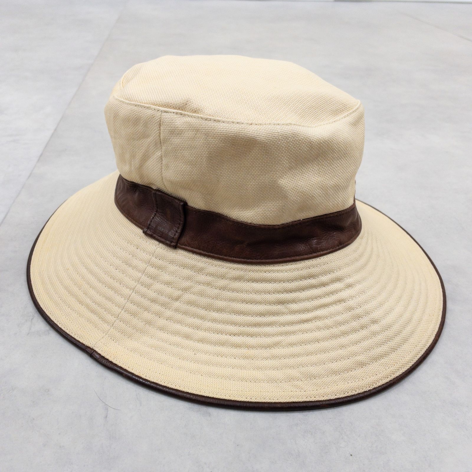 HERMES エルメス ハット リネン レザー ベージュ ブラウン フランス製 b01110