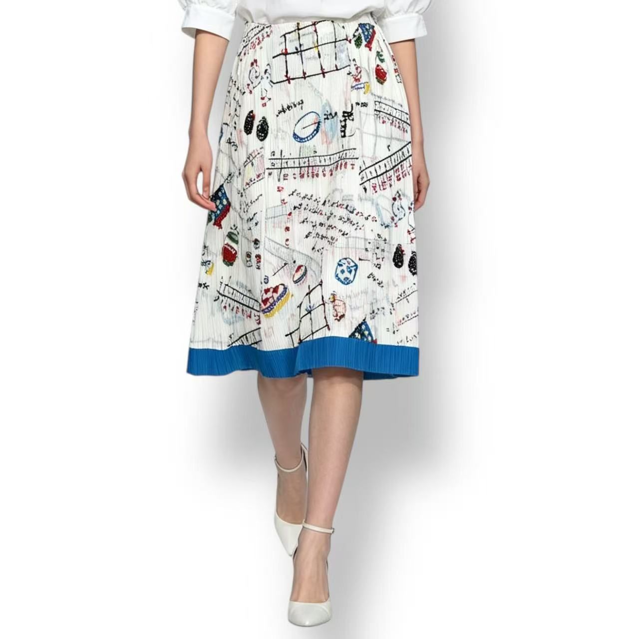 極美品 ISSEY MIYAKE イッセイミヤケ PLEATS PLEASE プリーツプリーズ スカート 数式プリント裾切替 サイズ２ ホワイト